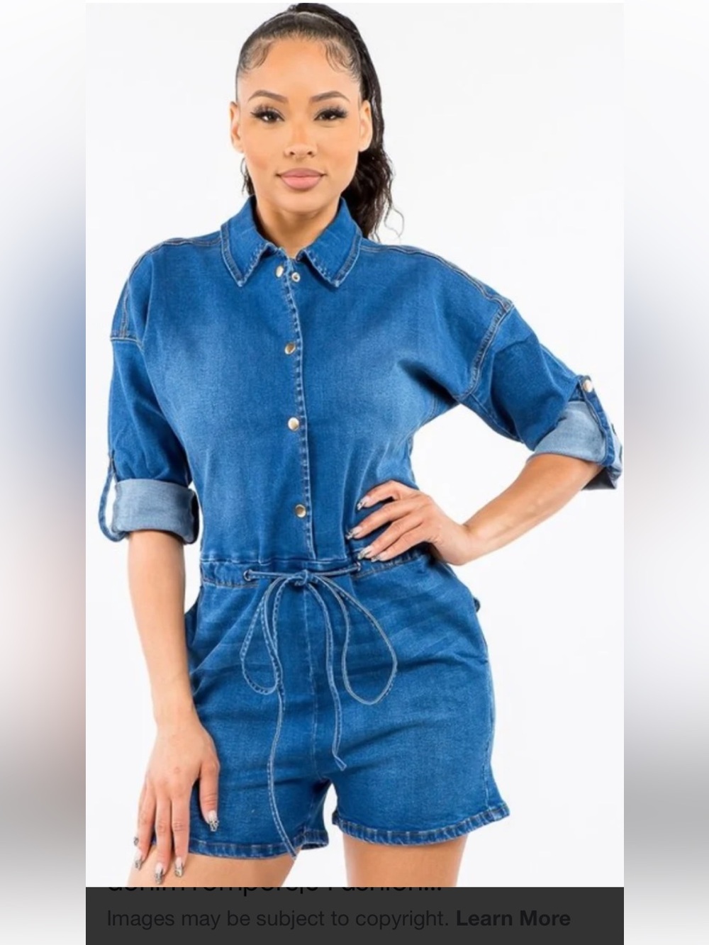 Enstyle  Denim Romper With Snaps And Drawstring Waist
